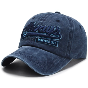 Washed blue denim baseball cap with New York City 75 Always embroidery and curved brim