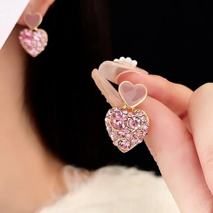 Pink heart drop earrings with gold plating and sparkling crystals for women