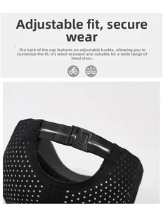 Detail of adjustable plastic buckle and breathable mesh fabric on black sport baseball cap