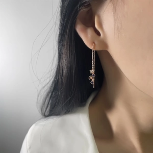 Detail of rose gold star fringe earrings with blue and clear crystals on model