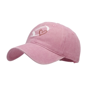 Pink vintage washed cotton baseball cap with rugby and heart embroidery for outdoor sun protection