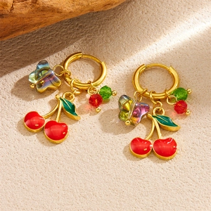 Gold cherry earrings with colorful butterfly charms and vibrant beaded accents