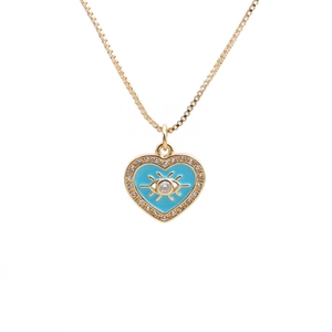 Golden heart necklace with blue evil eye pendant and sparkling clear zircons on box chain