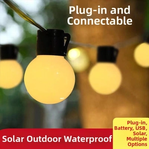 Detail of waterproof LED globe string lights hanging on tree for outdoor decoration