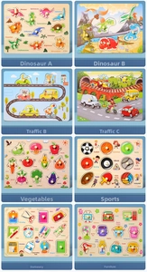 Detail view of 8 educational wooden peg puzzles with dinosaur and fruit themes