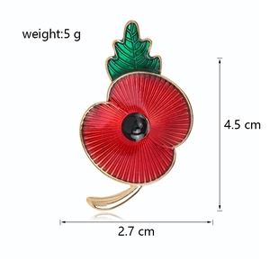 Red poppy flower brooch with green leaves and gold metal plating, 4.5 cm in height