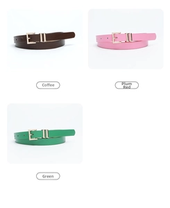 Detailed view of skinny leather belts in coffee, rose red, and green with gold buckles