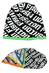 Detail of reversible knitted beanie with FASHION letter print and multi-color edge options