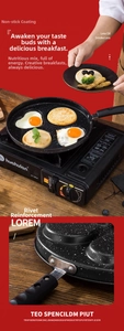 Detail view of four-hole non-stick frying pan with reinforced rivet handle for breakfast