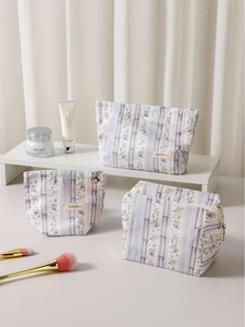 Floral Canvas Makeup Bag Portable Travel Cosmetic Pouch Purple Bow Jacquard Print Zippered Toiletry Organizer For Women