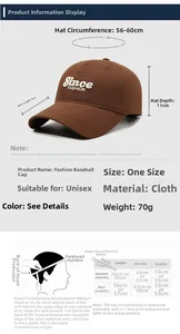 Detailed size chart for baseball cap showing 56-60cm circumference and measurement guide