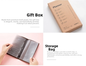 Detail of kraft paper packaging box and transparent PVC card holder slots for planner