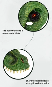 Close-up of 3D green dinosaur mask showing realistic skin texture and sharp teeth details