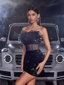 Sexy strapless black sequin dress with feather trim and sheer mesh waist detail