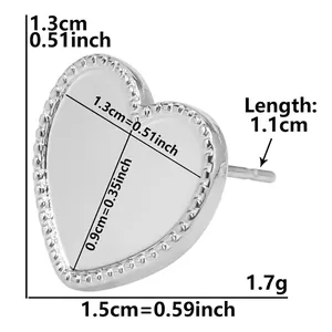 Size chart showing 1.5cm width heart stud earring with measurements in inches and grams