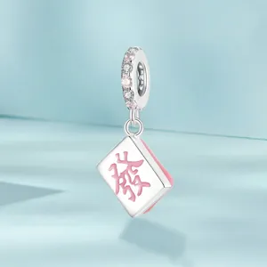Lucky Mahjong charm pendant in 925 sterling silver with pink and white zirconia stones