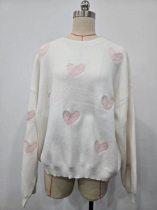 Detail of white knit sweater showing pink jacquard heart patterns and fine texture