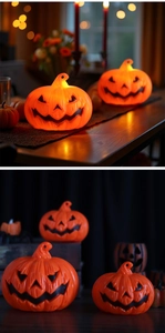 Glowing orange Halloween pumpkin LED night lights for festive party table decoration.