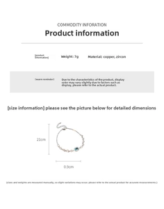 Detailed specs of zircon flower bracelet made of copper with 21cm chain and 7g weight