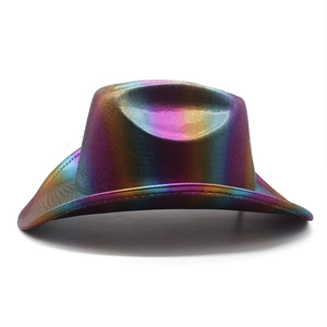 Front view of a western cowboy hat featuring vibrant rainbow gradient metallic coating