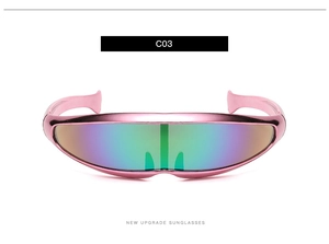 Pink metallic Y2K cyber sunglasses with rainbow lenses and futuristic one-piece frame design