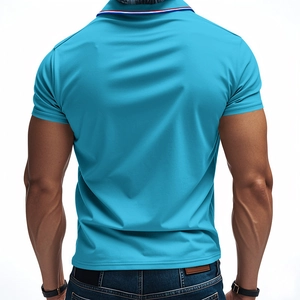 Detail view of the sky blue Polo shirt back with tricolor striped collar accents