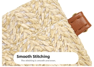 Close-up of white straw woven texture and brown leather details with neat stitching