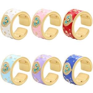 Kupfer Emaille Zirkonia Herz Böser Blick Offener Verstellbarer Ring Für Damen Mode Buntes Sternenmuster Schmuck Geschenk