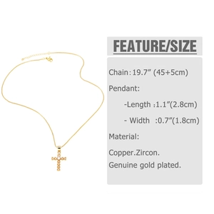 Detailed size specifications for gold plated copper cross necklace with zircon stones