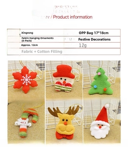 Detailed view of 6pcs fabric Christmas ornaments including Santa, reindeer and snowmen