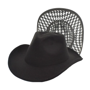 Classic black wool felt cowboy hat with vintage houndstooth pattern under the brim