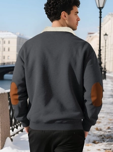 Outdoor back view of men's grey sweatshirt with white fleece collar and brown elbow patches