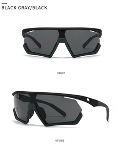 Front and 45-degree side views of black oversized one-piece wrap sunglasses