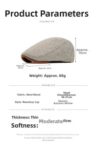 Detailed size chart for gray herringbone wool flat cap showing dimensions and head circumference