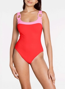 Detail of red one-piece swimsuit featuring pink contrast straps and stylish square ring buckles