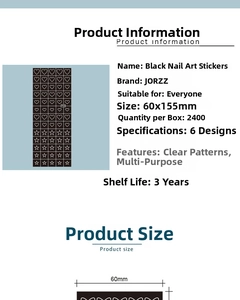 Specifications of black JORZZ nail art hollow stickers featuring heart and butterfly patterns