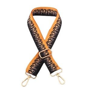 Adjustable 38mm wide nylon bag strap with orange and black flame pattern and gold hooks