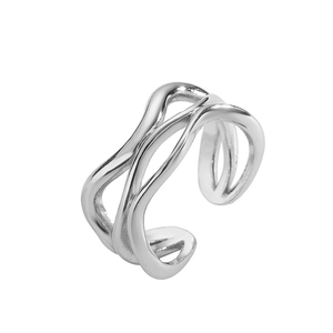 Close-up of silver wavy double-layer irregular ring with polished finish and open design