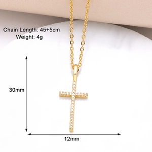 Detailed size specifications for gold cross pendant necklace with zircon stones