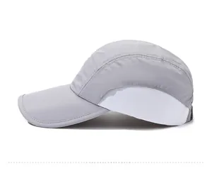 Side view of gray and white mesh baseball cap with breathable quick-dry fabric