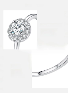 Macro detail of S925 sterling silver stamp and D color VVS1 moissanite diamond ring