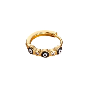 Bohemian gold hoop earring with black eye design and clear crystals on white background