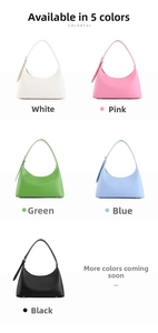 Minimalist half-moon underarm bags shown in white, pink, green, blue and black leather