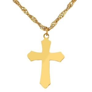 Minimalist gold-plated stainless steel cross necklace with twisted chain on white background