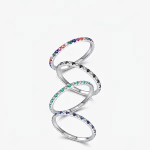Eternity Band Ring 925 Sterling Silver Colorful Zircon Micro Inlaid Minimalist Stackable Finger Jewelry For Women