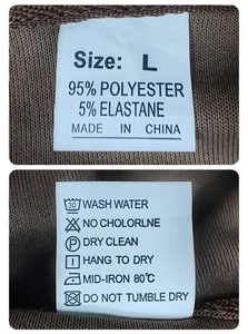 Detail view of clothing care label showing size L and 95% polyester fabric composition