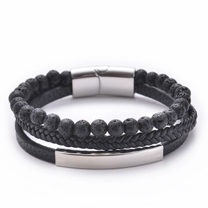 Men Multi Layer Bracelet Natural Lava Stone Tiger Eye Beaded Braided Leather Stainless Steel Magnetic Clasp Retro