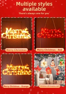 Detail of Merry Christmas LED hanging lights featuring snowflake and snowman motifs