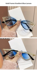 Détail de lunettes œil de chat sans monture avec cadre doré, verres dégradés et strass