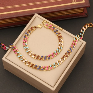 Fashion Stainless Steel Necklace Bracelet Colorful Enamel Cuban Link Chain Minimalist Jewelry For Women